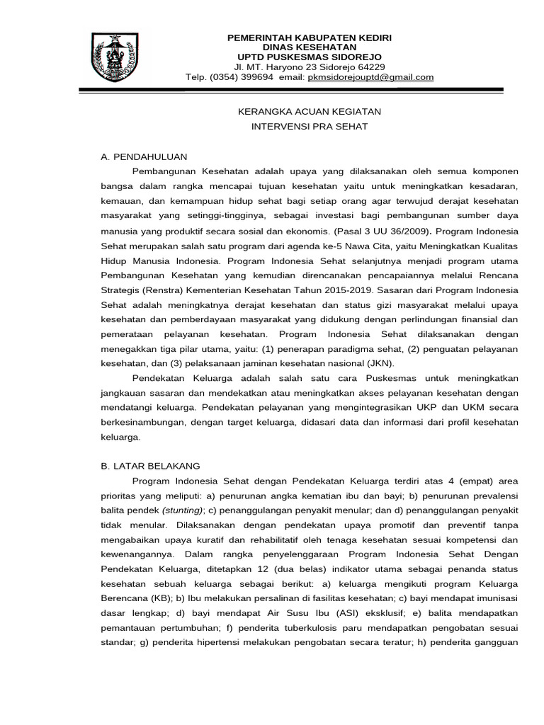 Intervensi Keluarga Pra Sehat Puskesmas Sidorejo | PDF