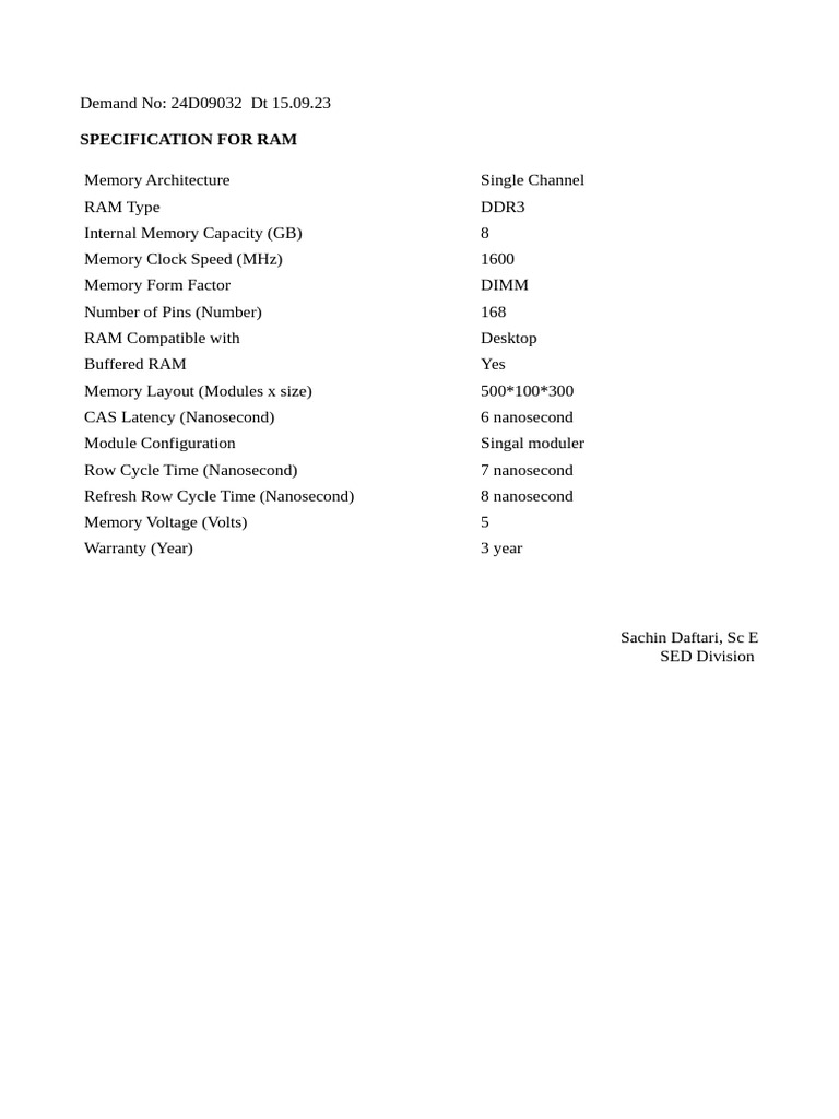 Spec for RAM | PDF
