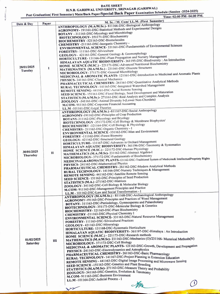 Examination Schedule For First Semester UG & PG 2024-2025 | PDF ...