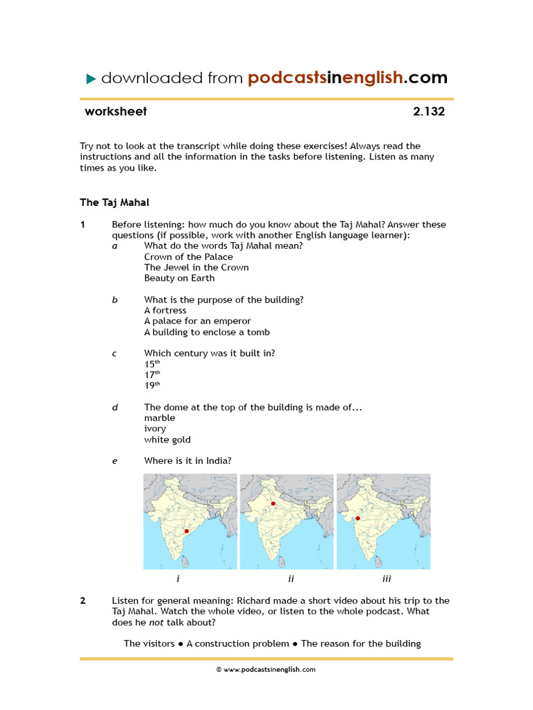Taj Mahal Listening Exercises Worksheet | PDF