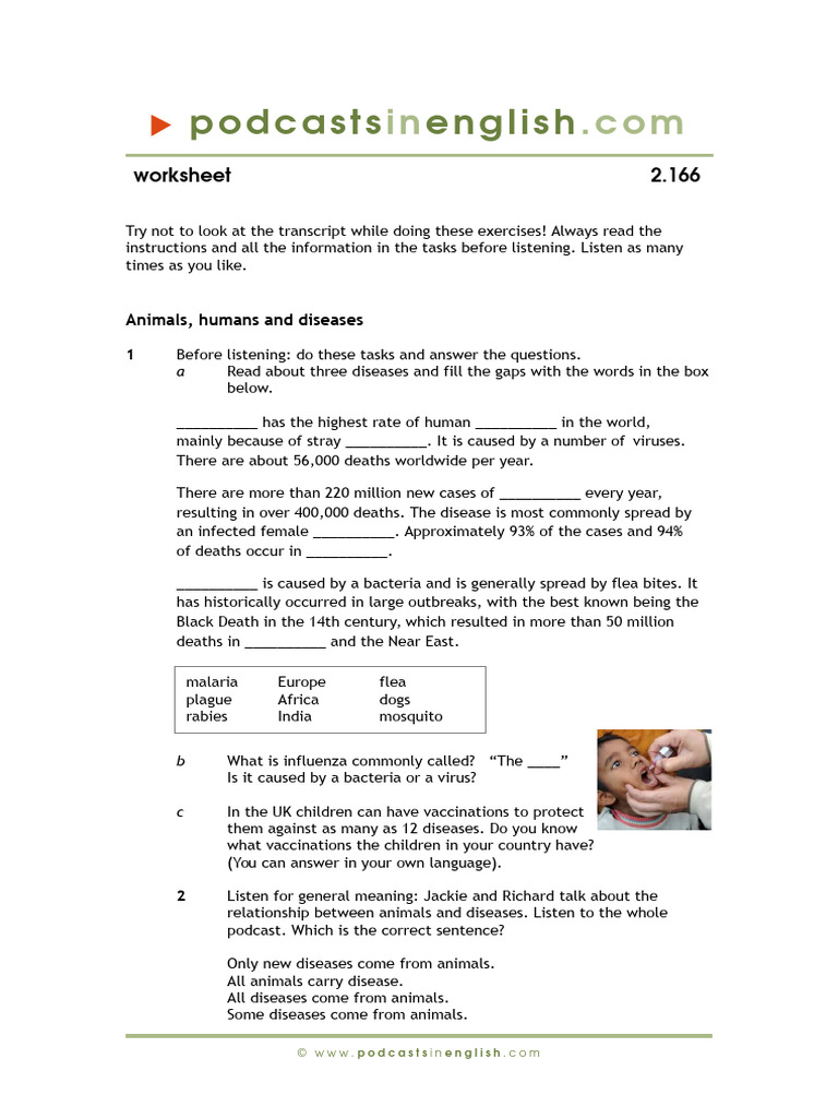 Podcast No.166 - Diseases - Worksheet | PDF | Influenza | Virus