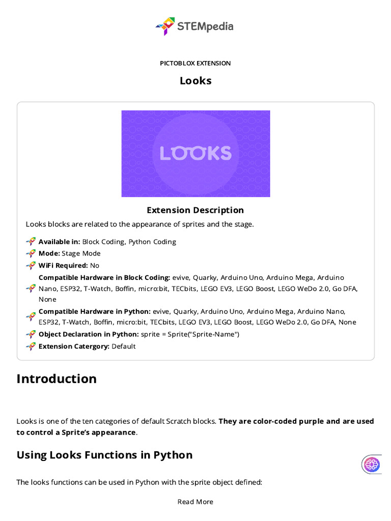 Looks Blocks in Block Coding and Python Coding - PictoBlox | PDF ...