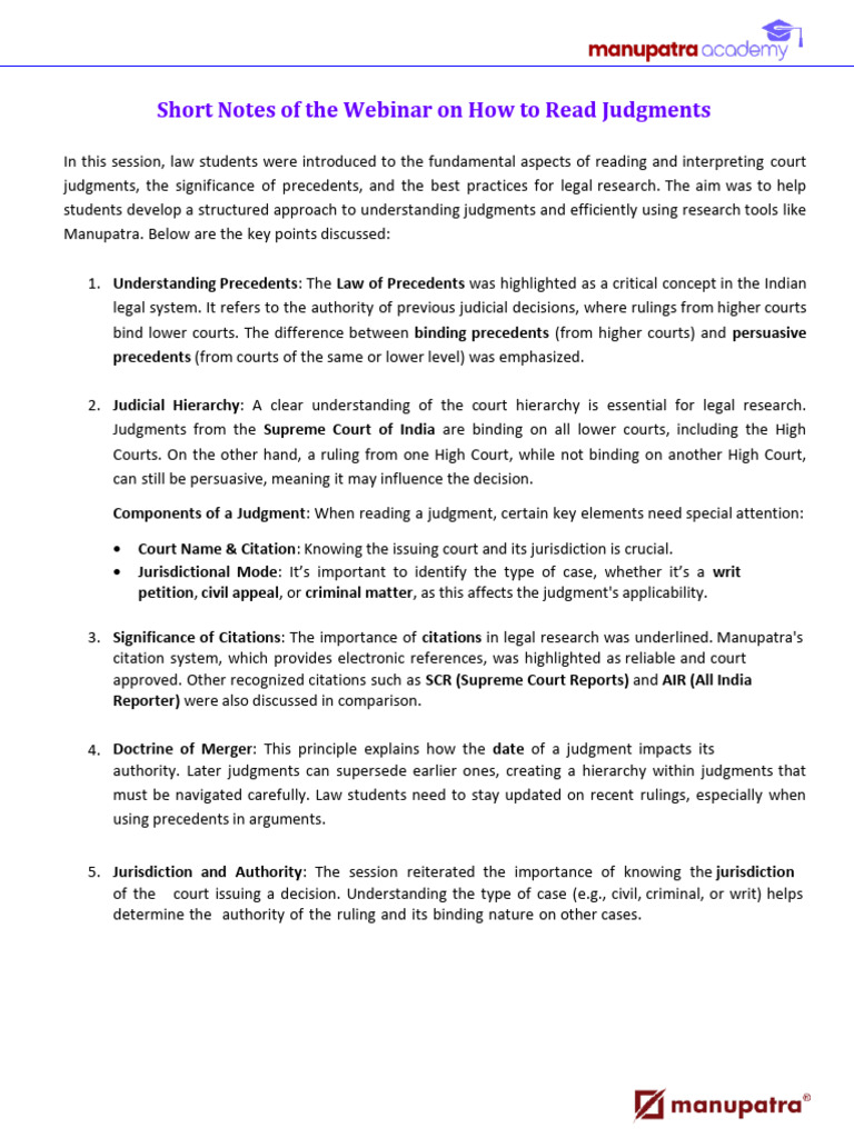 How to Read Judgments ShortNotes | PDF | Precedent | Judgment (Law)