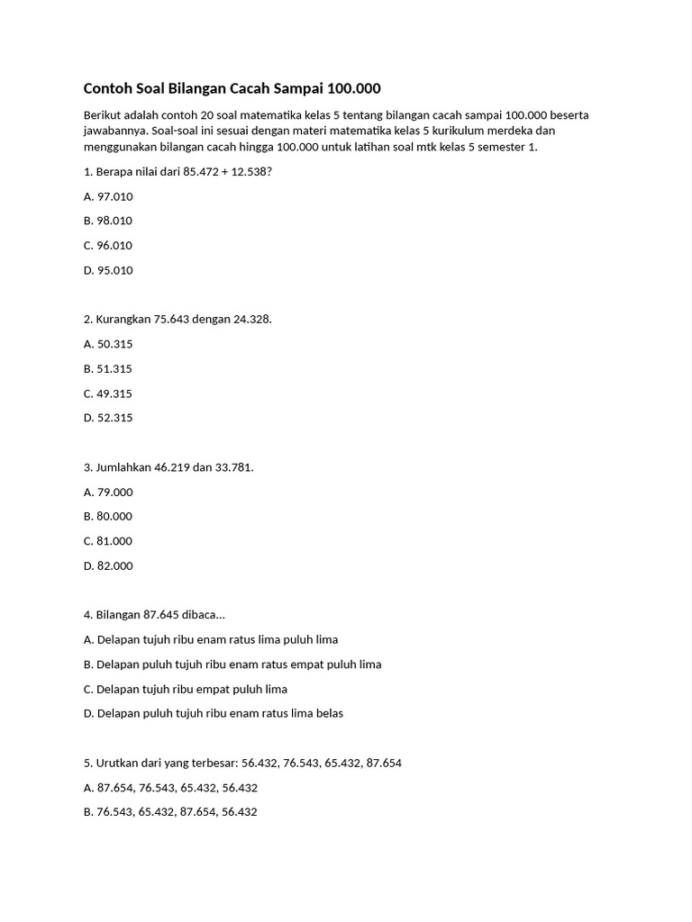 Soal Matematika Kelas 5 Bilangan Cacah | PDF