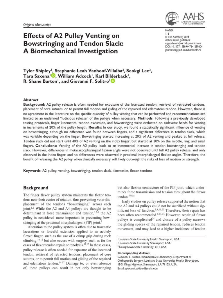 A2 Pulley Venting and Tendon Bowstringing | PDF | Finger | Hand