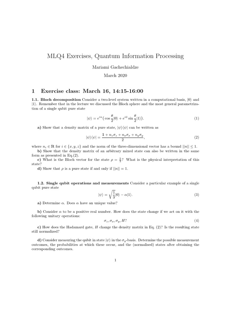 MLQ4 Quantum Information Exercises | PDF | Quantum Mechanics | Algebra