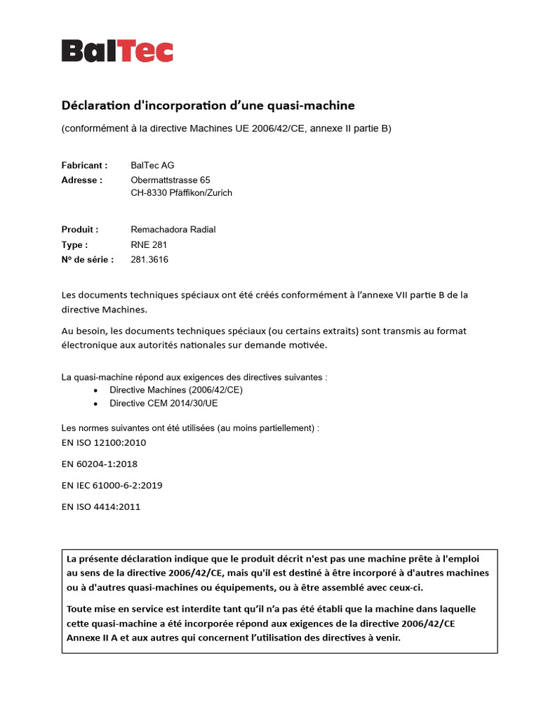Déclaration d'incorporation quasi-machine | PDF