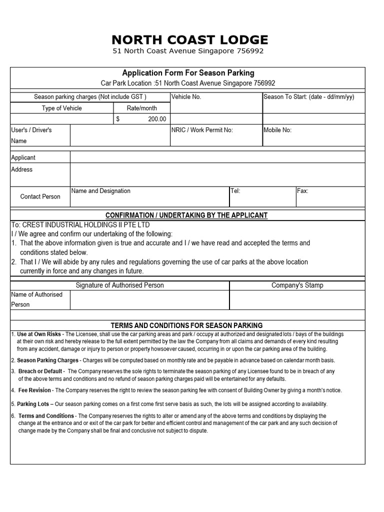 Season Parking Application - North Coast Lodge | PDF | Parking Lot ...