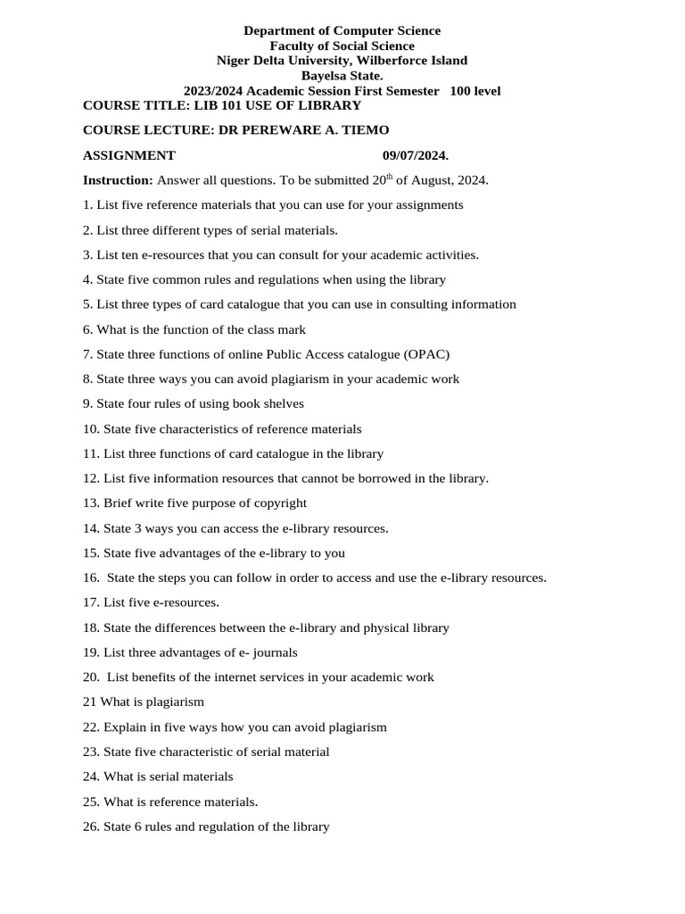 Lib 101 Use Of Library Skills Assignment 2023 2024 Pdf