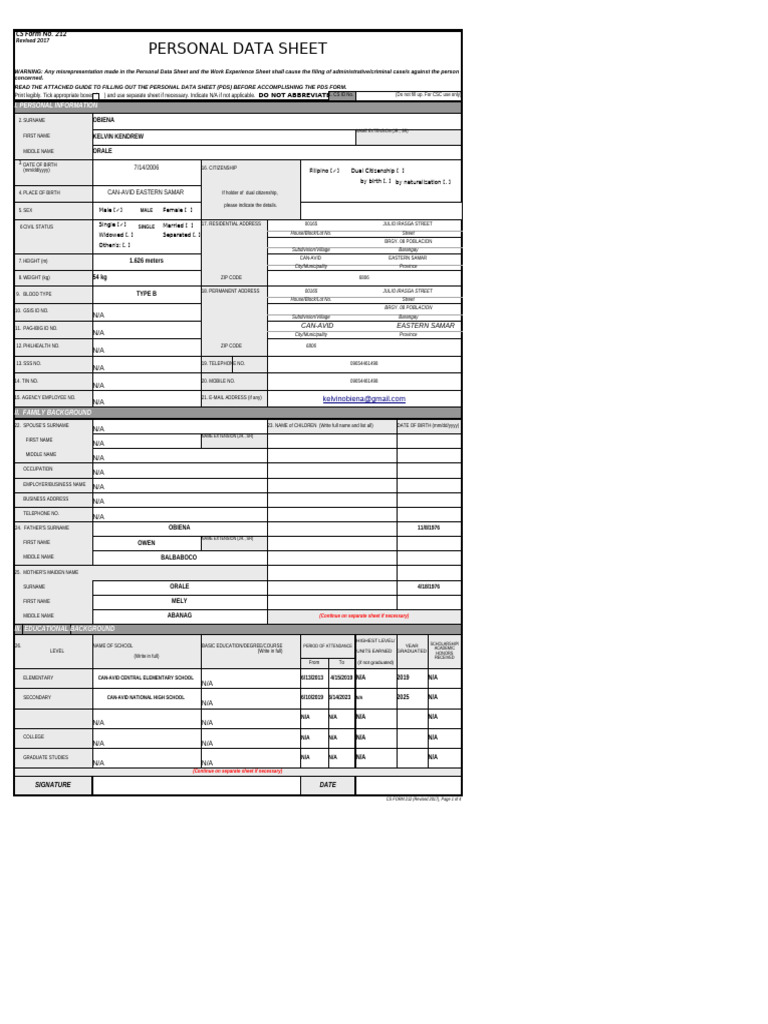 CS Form No. 212 Personal Data Sheet | PDF | Government | Justice