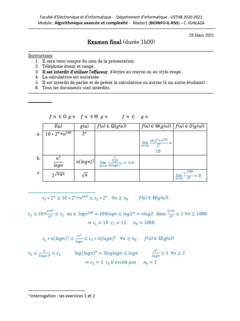 Examen Algorithmique Avancée 2021 | PDF | Informatique