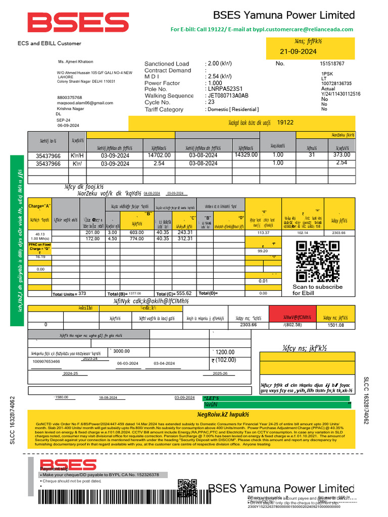 BSES Electricity Bill for September 2024 | PDF | Services (Economics ...