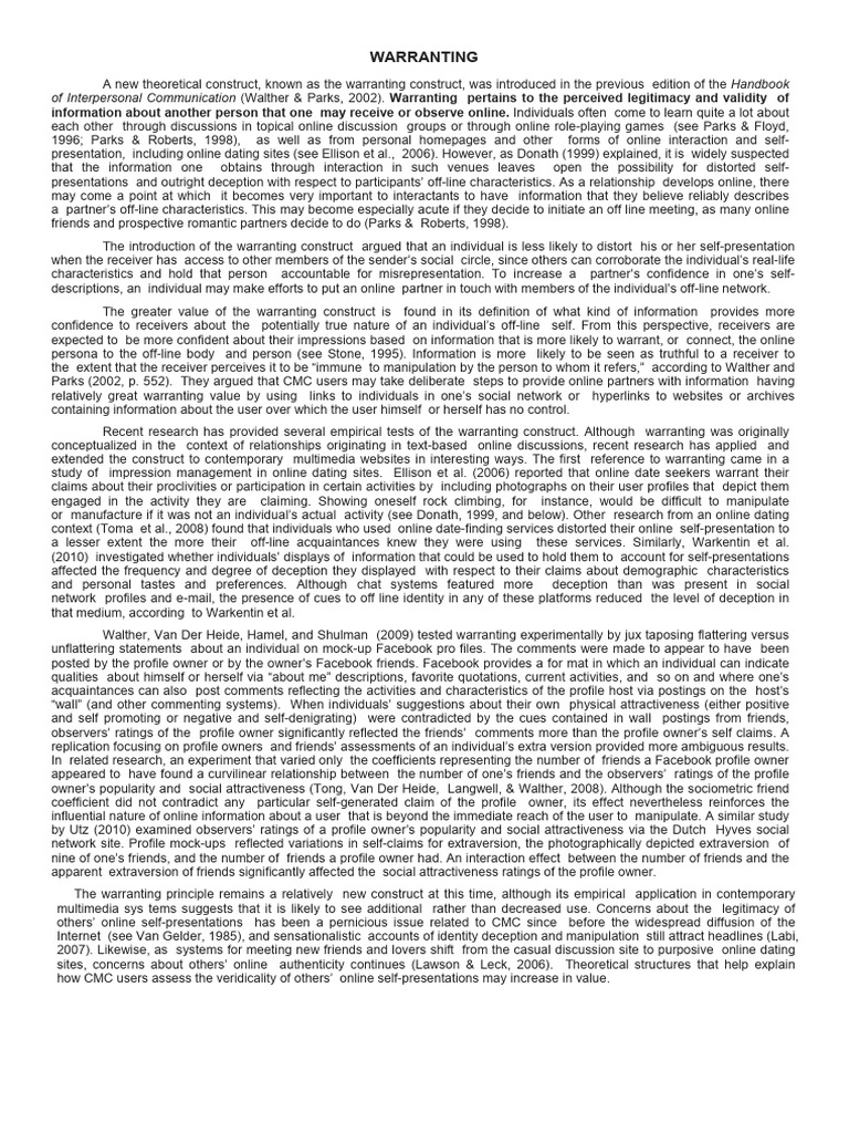 Understanding Warranting in Online Interactions | PDF | Social ...
