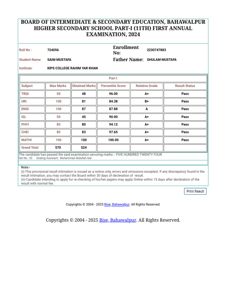 BISE Bahawalpur 10th Result 2025 | PDF