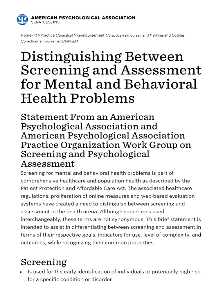 Distinguishing Between Screening and Assessment for Mental and ...