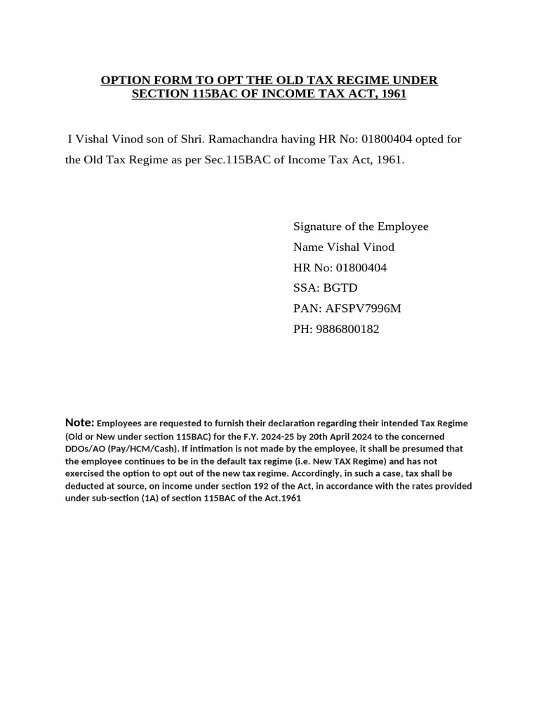 Old Tax Regime Opt-Out Form 115BAC | PDF