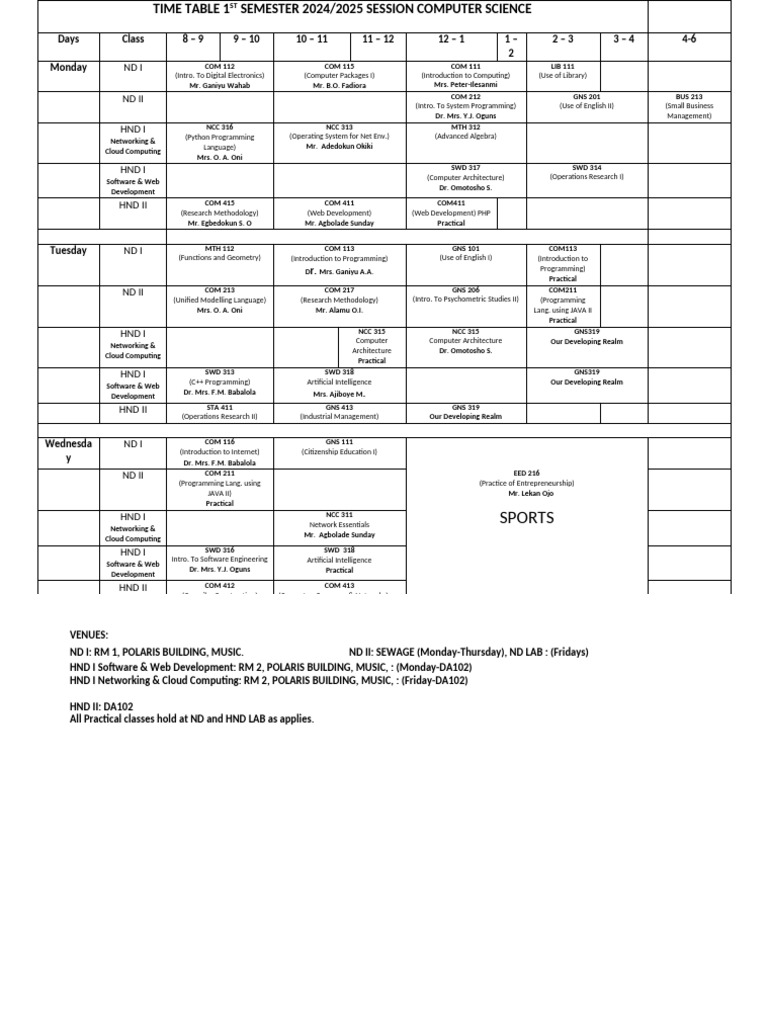 2024/2025 Computer Science Timetable | PDF | Computing | Information ...
