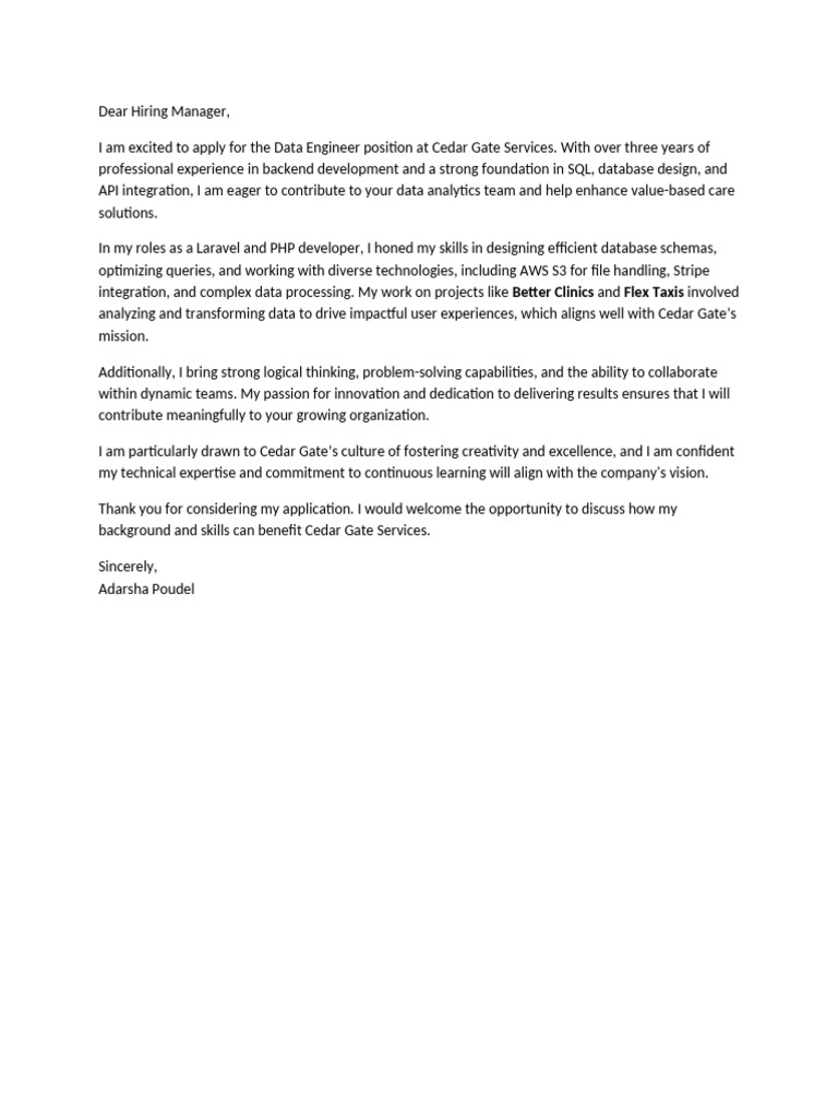 Data Engineer Cover Letter for Cedar Gate | PDF