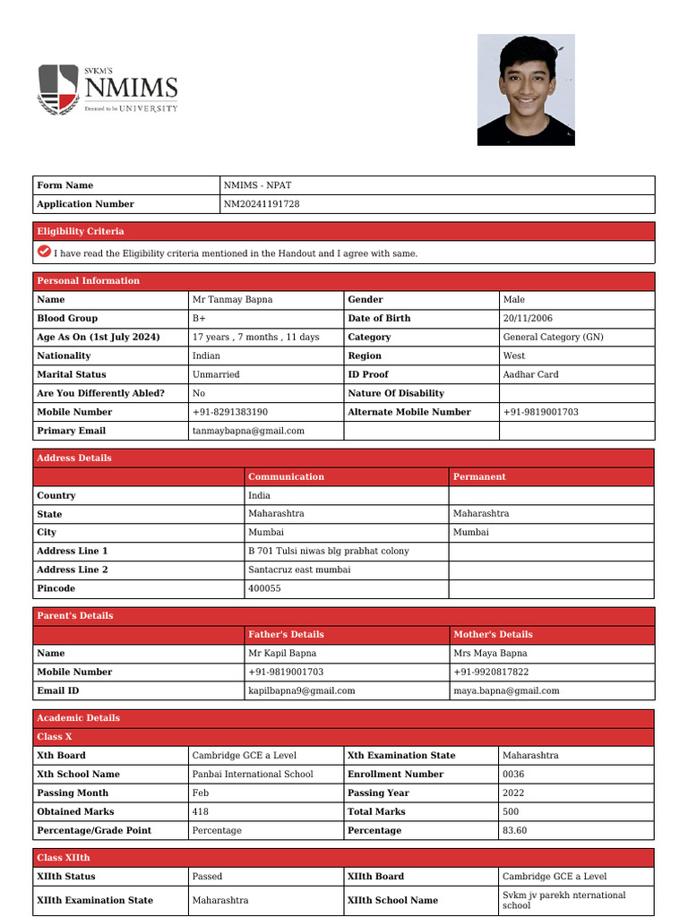 NMIMS NPAT 2024 Admission Form | PDF