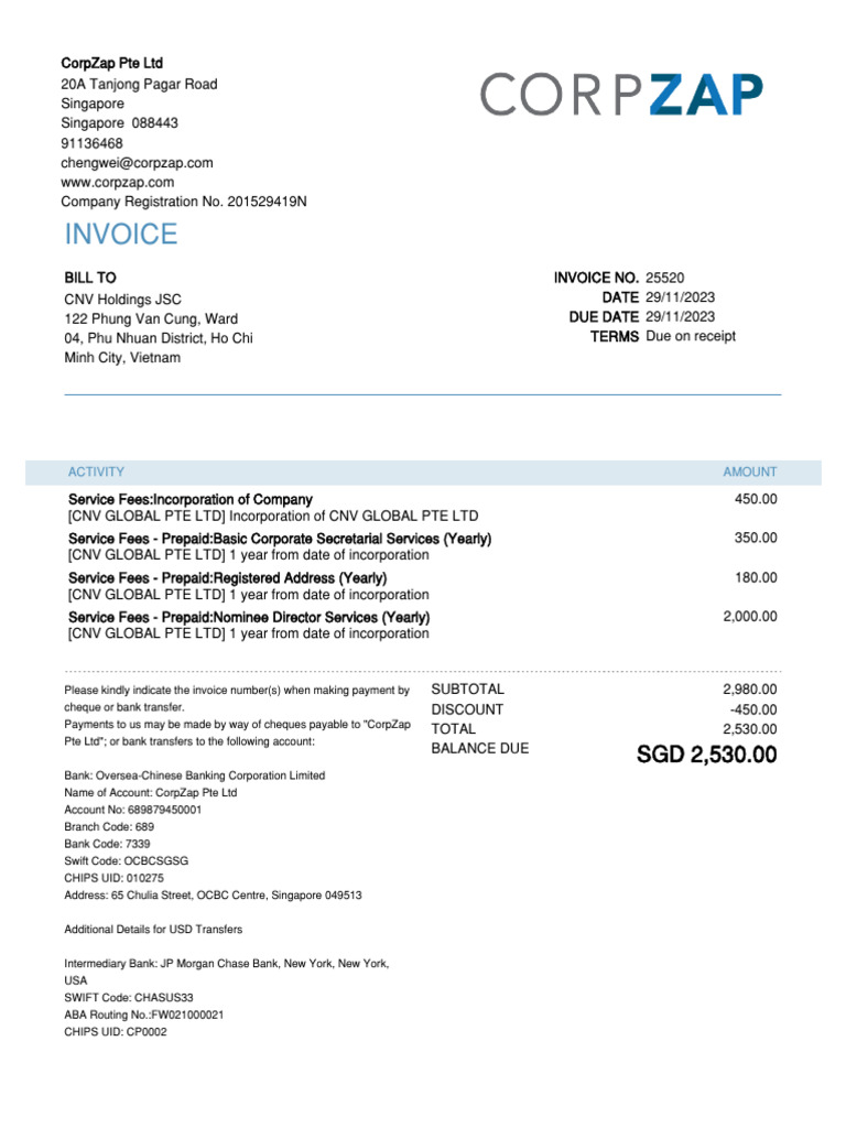 Invoice for CNV GLOBAL PTE LTD Services | PDF | Wire Transfer | Payments