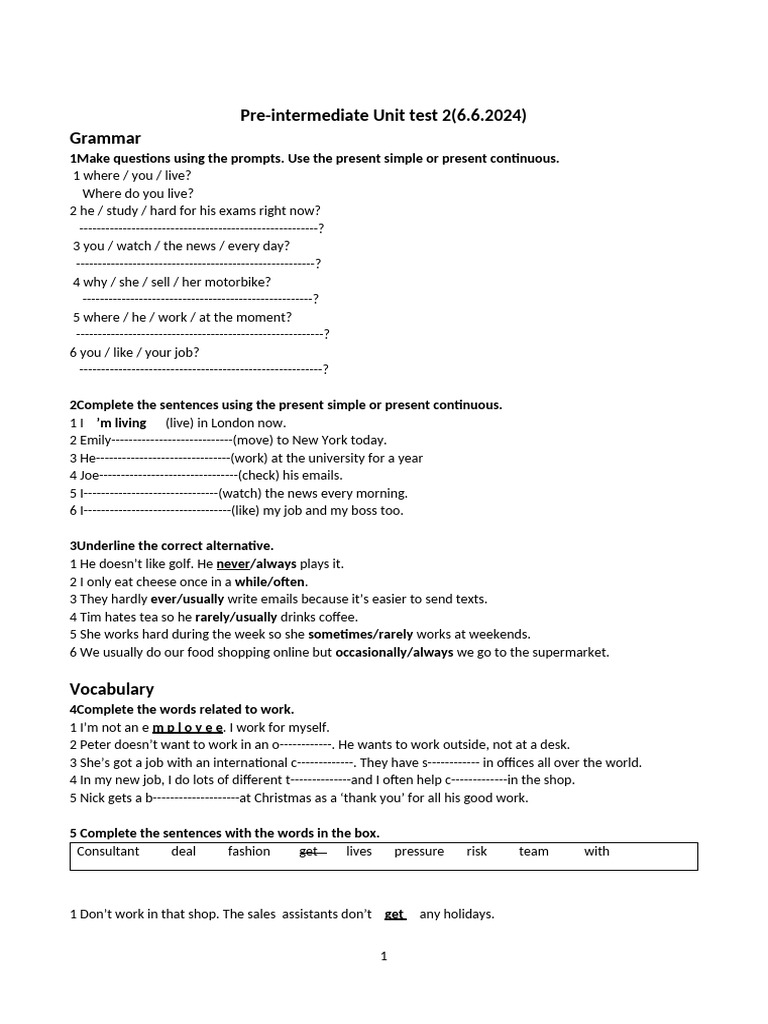 Pre-Intermediate English Unit Test 2 | PDF