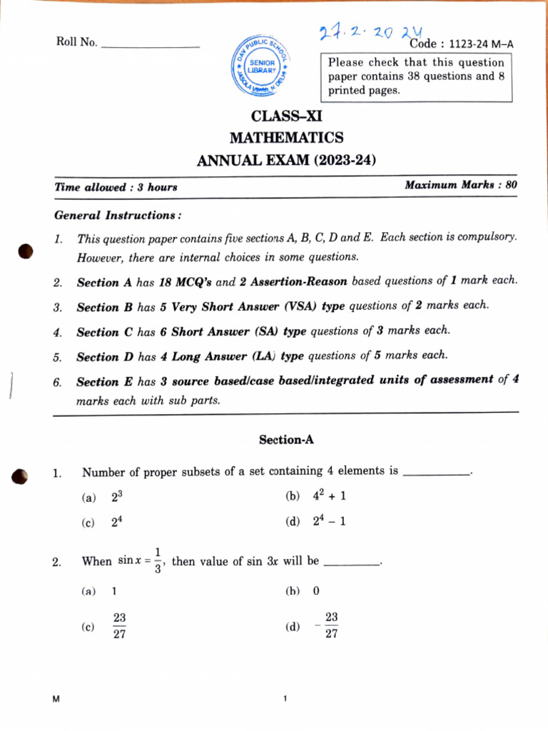 Annual QP (Mathematics) 2023-24 | PDF | Function (Mathematics ...