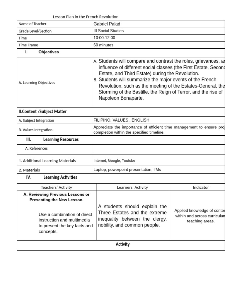 Lp French Revolution 1 Pdf Learning Teachers