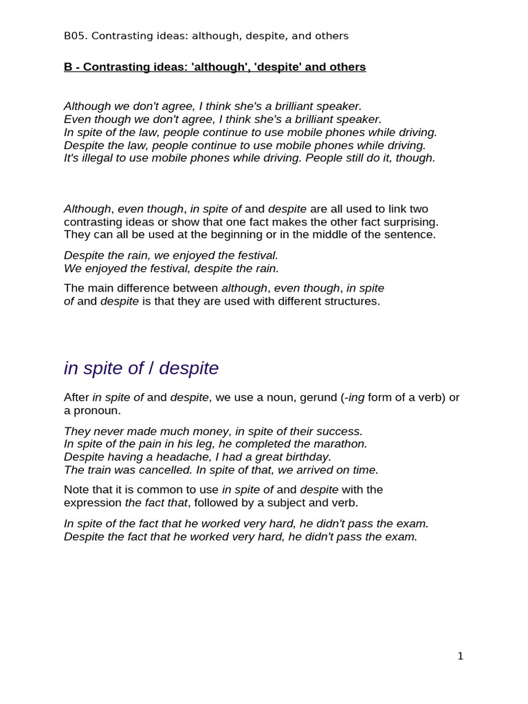 Contrasting Ideas: Although & Despite | PDF | Verb | Linguistics