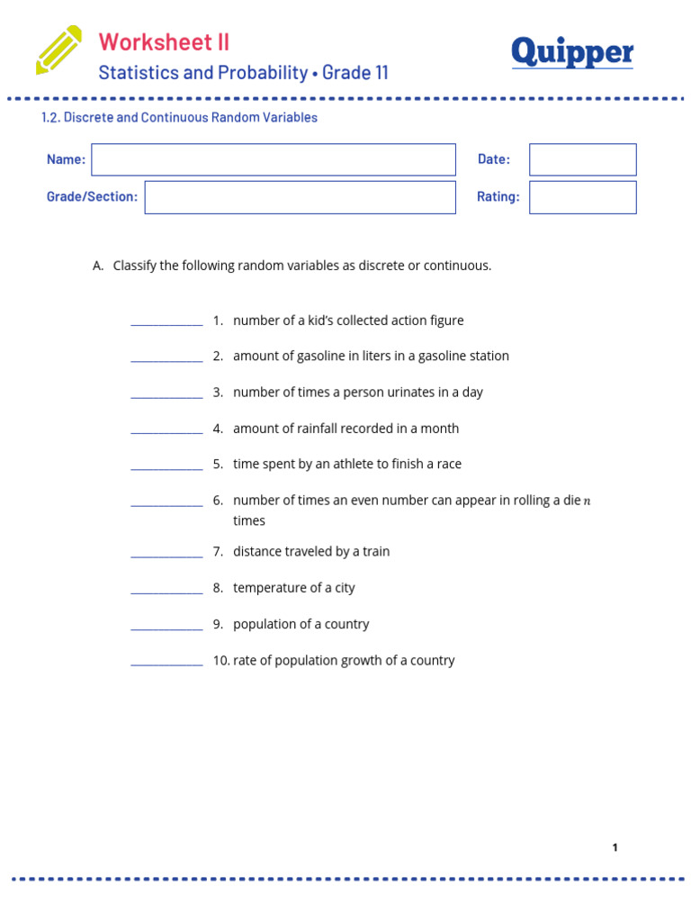 Grade 11 Random Variables Worksheet | PDF