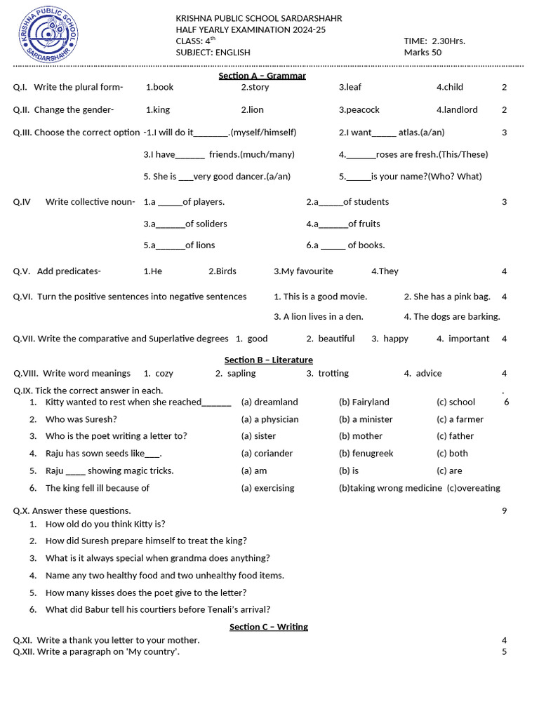 Class 4 English Half-Yearly Exam 2024-25 | PDF | Syntax | Language Families