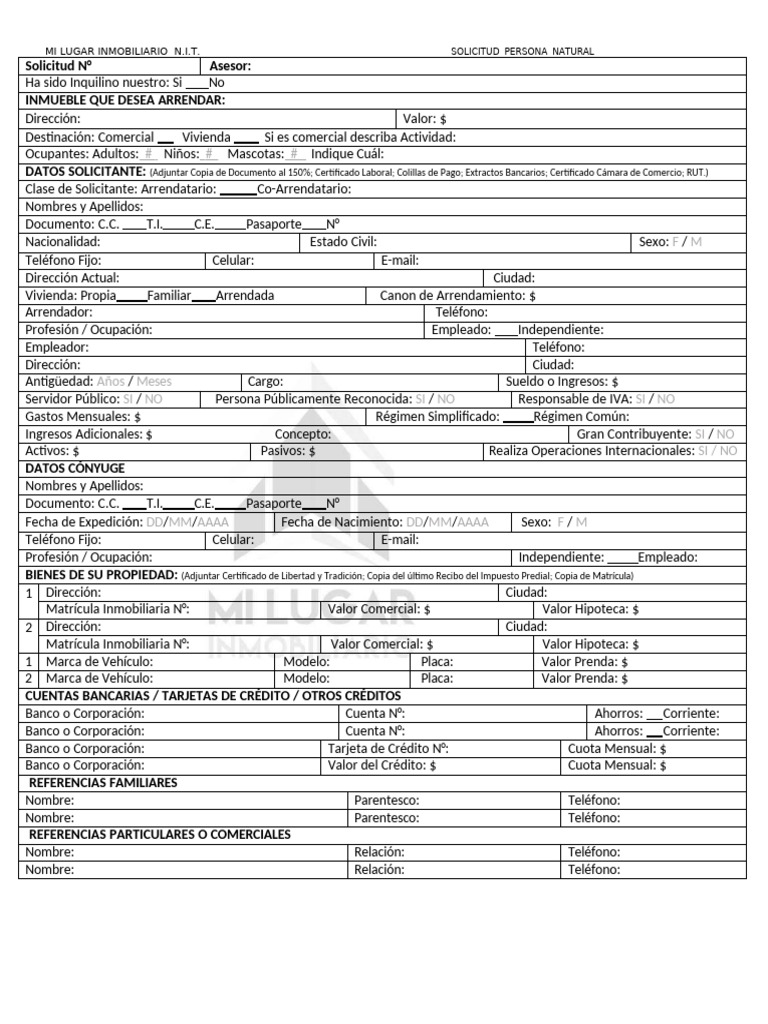 Form Solicitud Arrendamiento MLI - Natural 2020 | PDF | Bancos | Hipotecas