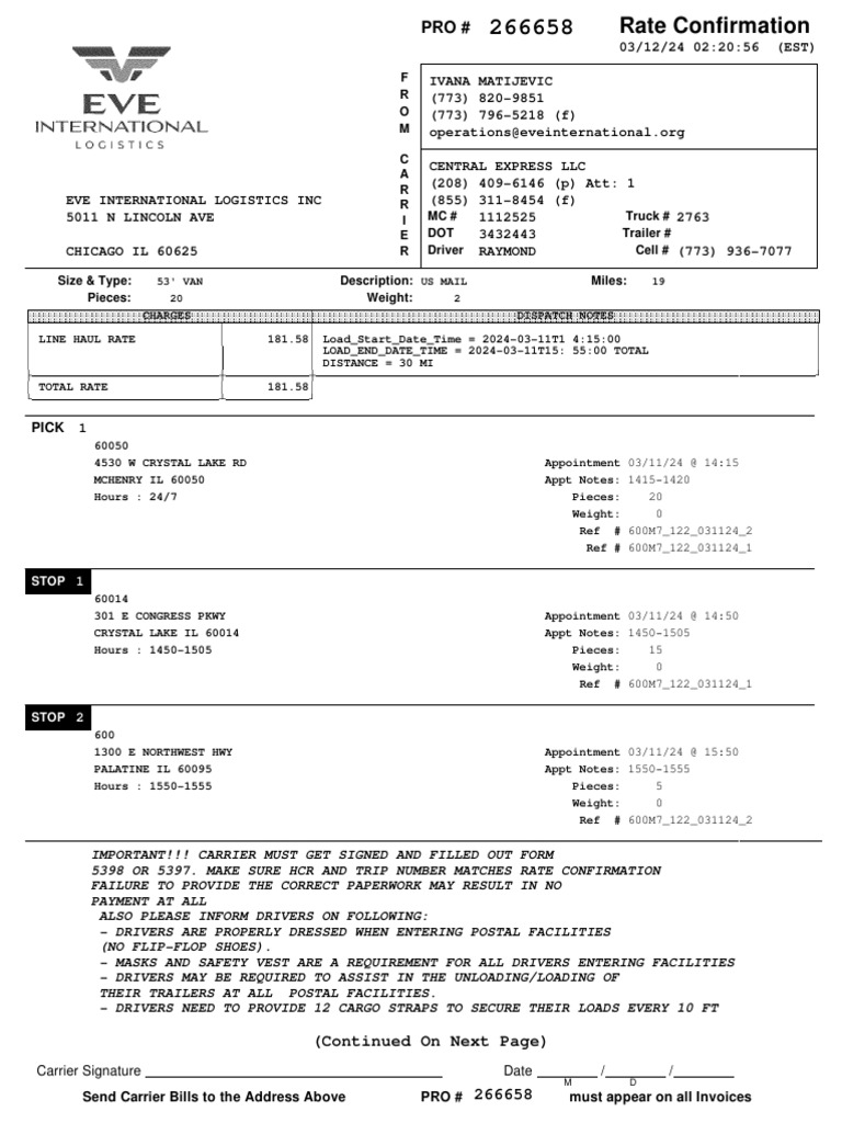 Rate Confirmation for US Mail Shipment | PDF | Vehicle Technology ...