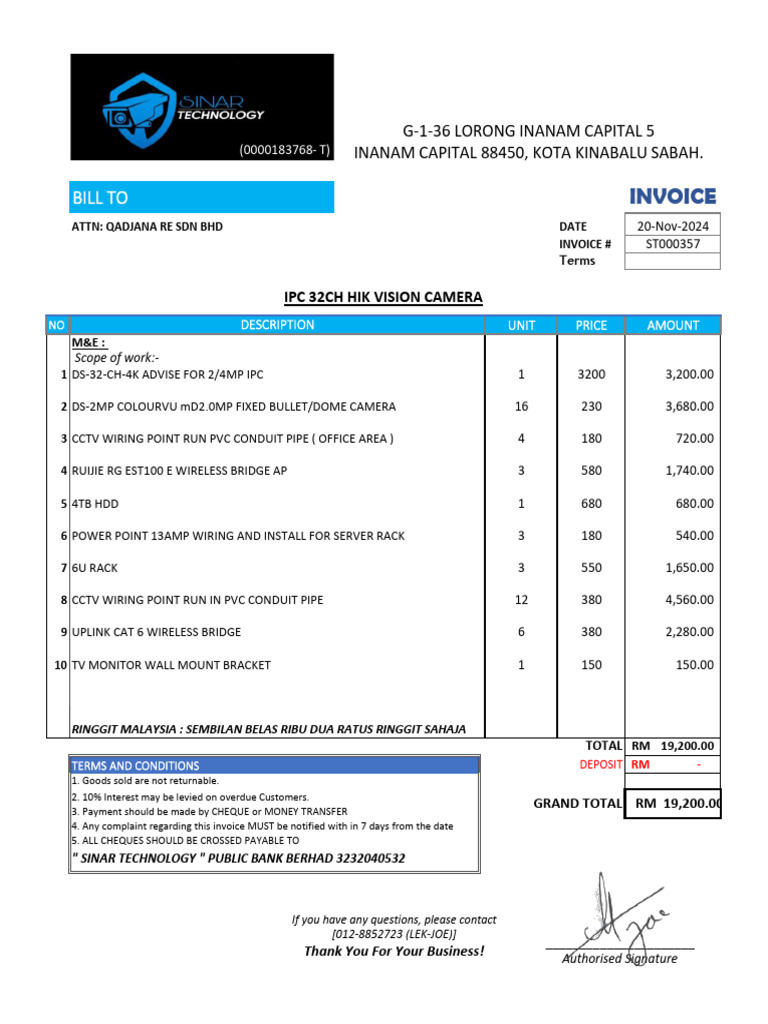 Invoice for CCTV Equipment and Installation | PDF