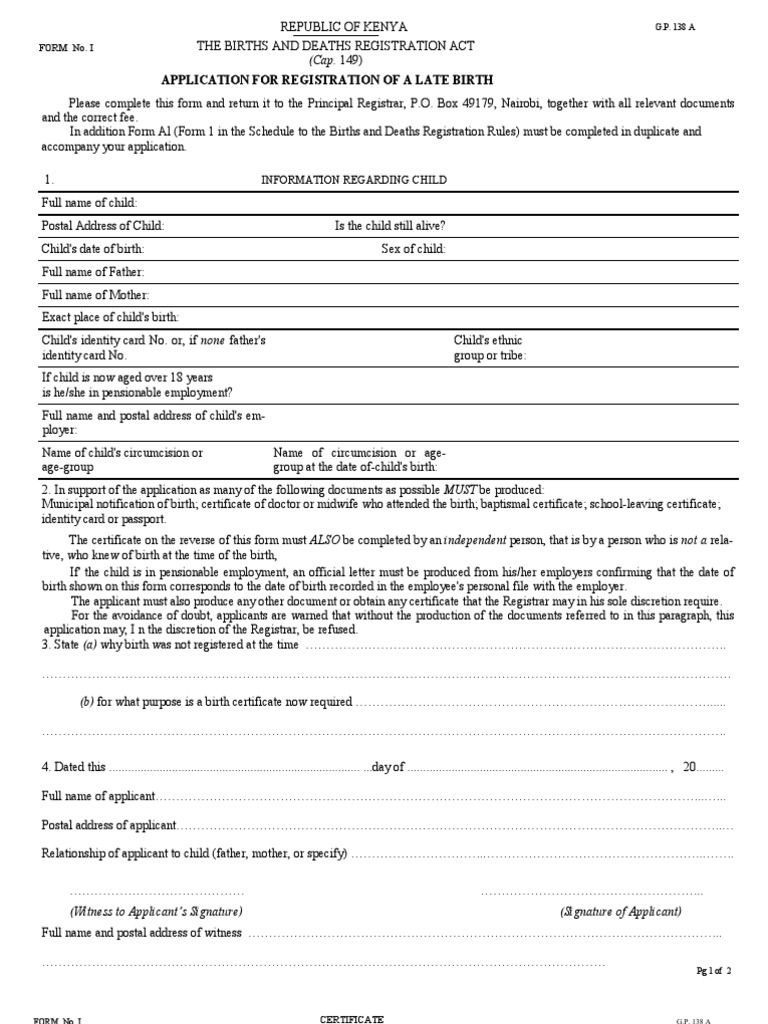 GP138A Application for a Late Birth Certificate Birth Certificate