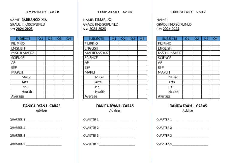 Card Slip Grade 3 | PDF