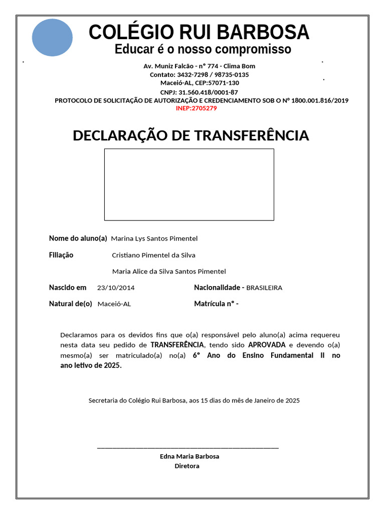 Declaração de Transferência Escolar | PDF