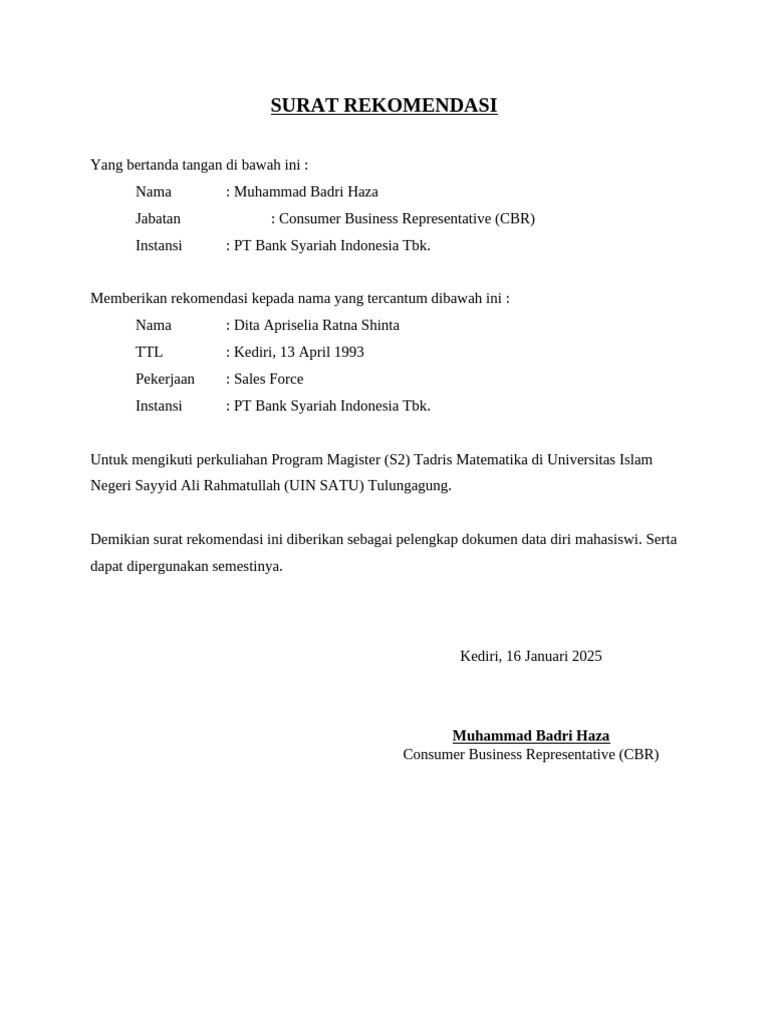 Surat Rekomendasi S2 Dita Apriselia | PDF