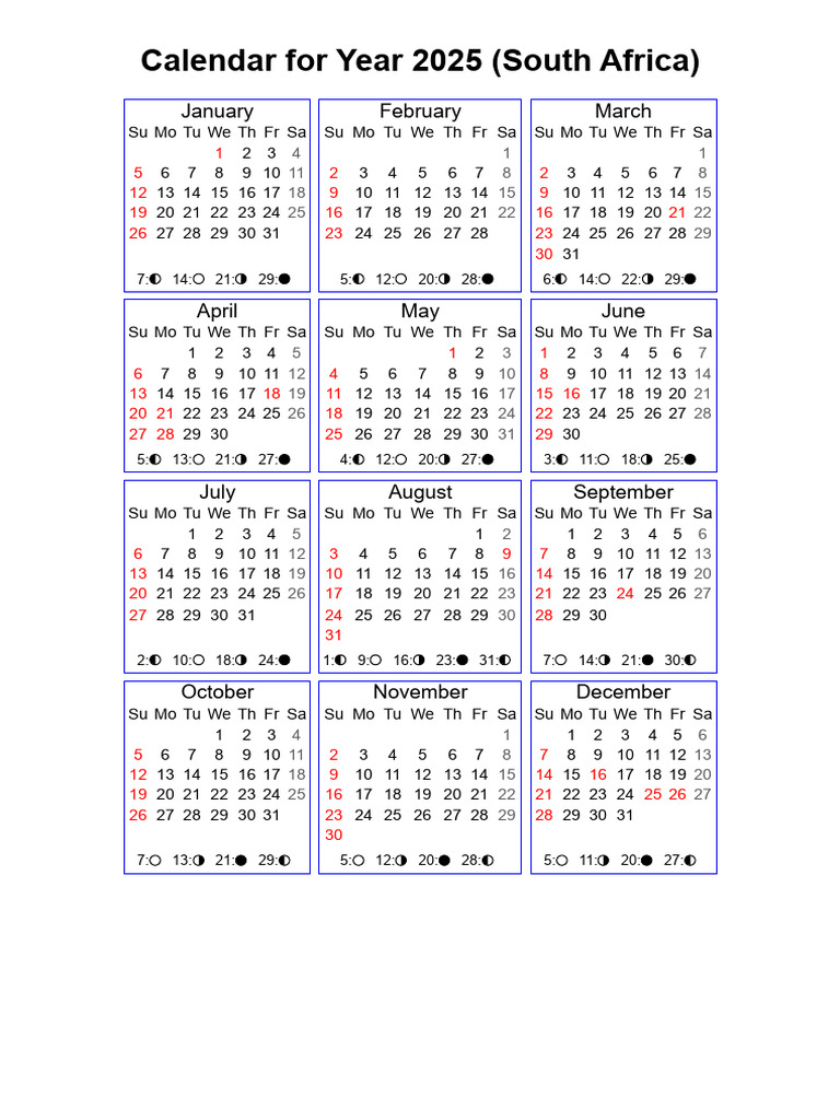 South Africa 2025 Calendar Overview | PDF | December Observances ...