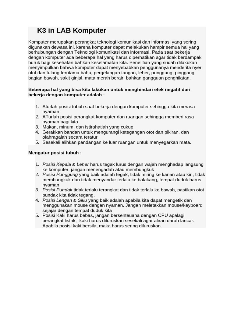 K3 di Lab Komputer: Panduan Praktis | PDF