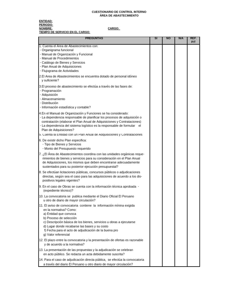 Cuestionario de Control Interno en Abastecimiento | PDF | Presupuesto ...