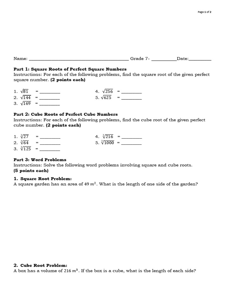 Grade 7 Square and Cube Roots Test | PDF