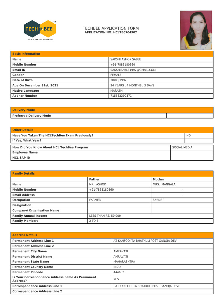 Application Form HCLTB0704907 | PDF