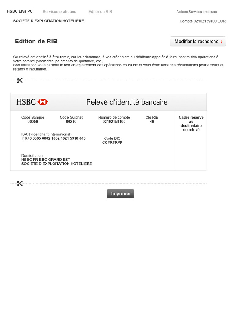RIB HSBC pour Société d'Exploitation Hôtelière | PDF