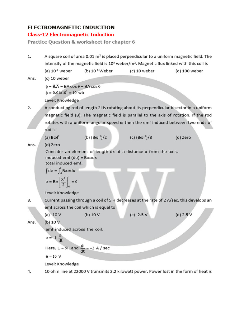 Electromagnetic Induction Class 12 Worksheet | PDF | Inductor ...
