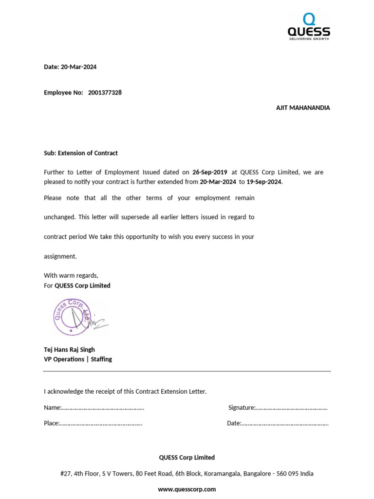 Contract - Extension - Letter - QUESS - 2001377328 | PDF