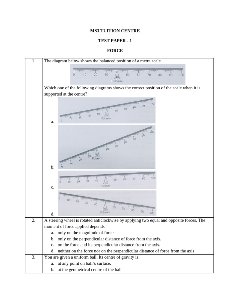 MS3 Tuition Centre Test Paper: Force | PDF | Force | Acceleration
