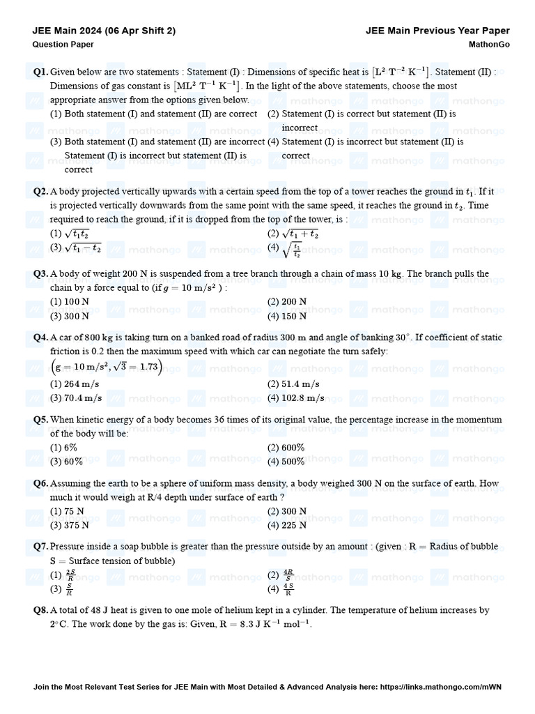 JEE Main 2024 Shift 2 Question Paper | PDF | Chemical Reactions | Mole ...
