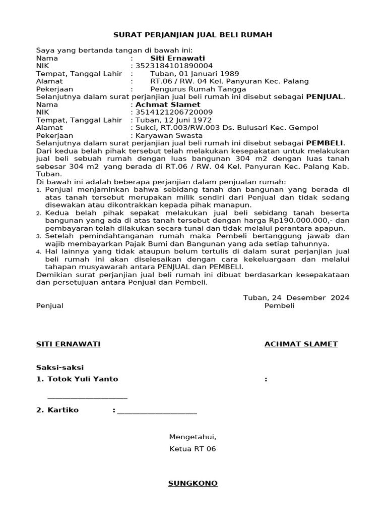 Surat Perjanjian Jual Beli Rumah | PDF