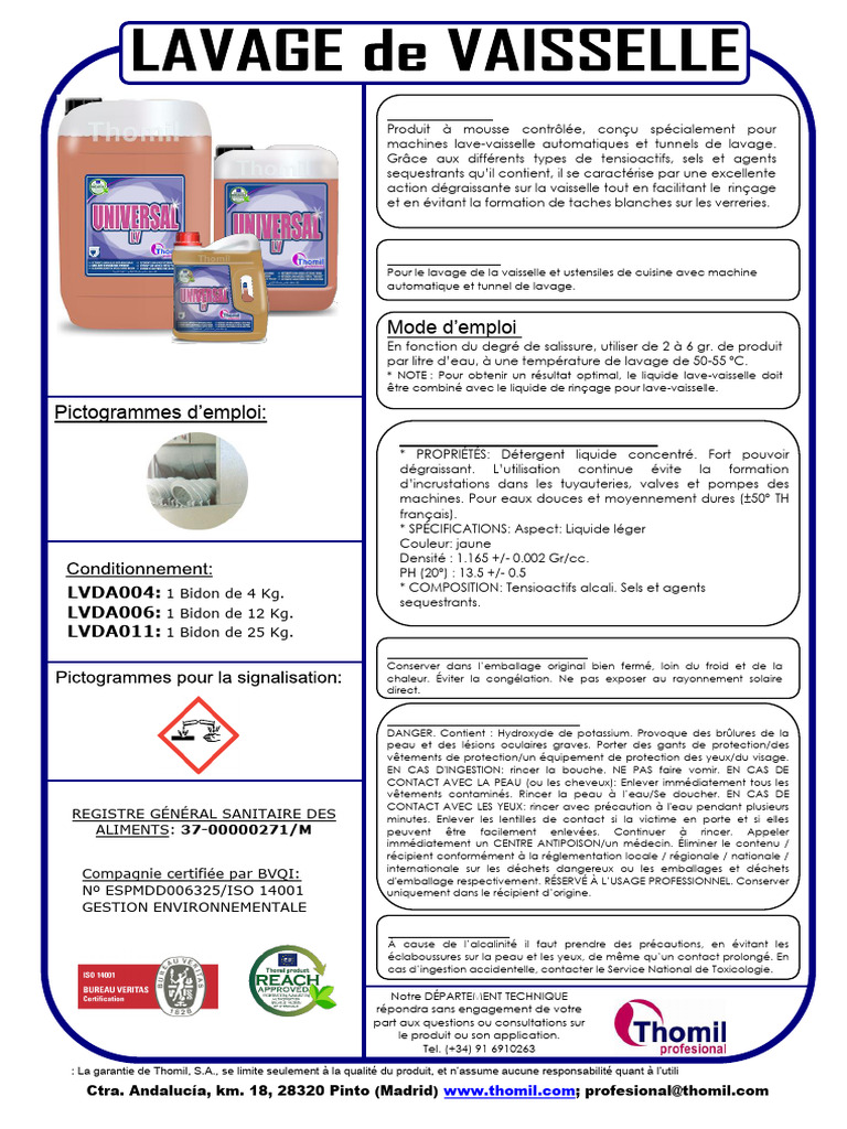 Fiche technique détergent lavevaisselle PDF Lavevaisselles — free download