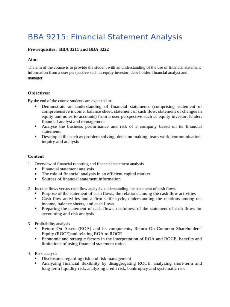 Bba 9215 Course Outline | PDF | Financial Statement | Equity (Finance)